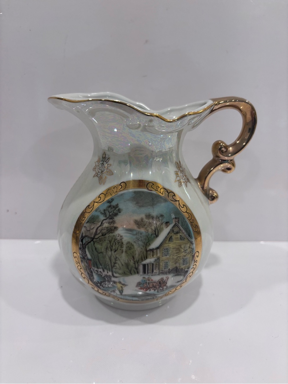 Vintage lustre ware porcelain winter cottage creamer pitcher gold handle Japan